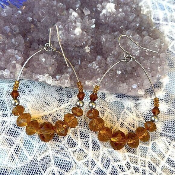 Golden Crystal Beaded Hoop Earrings - Picture 2 of 8